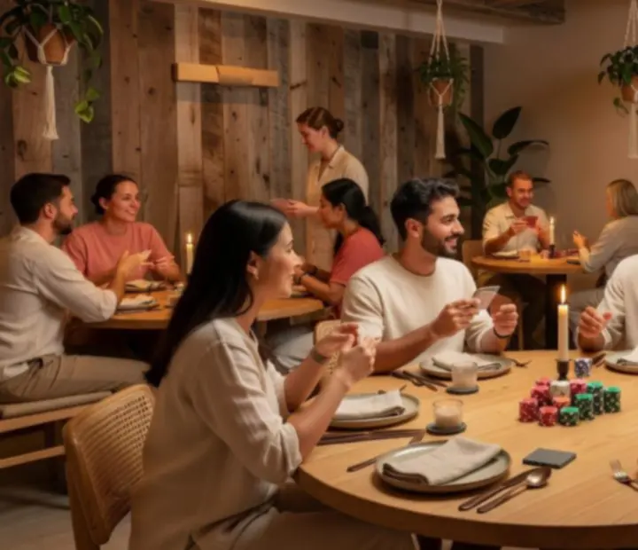 Wieczorna atmosfera restauracji Nocavelasto z gośćmi przy stołach i kartami