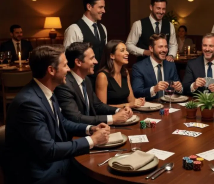 Elegancka kolacja firmowa w restauracji Nocavelasto z pokerowym stołem rozrywkowym i uśmiechniętymi gośćmi