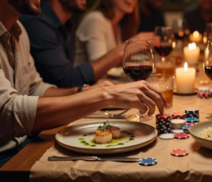 Zbliżenie na elegancki stół z kartami, żetonami i kolacją w ciepłym świetle restauracji
