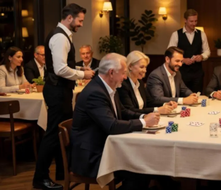 Wieczorny widok restauracji Nocavelasto z gośćmi przy stołach pokerowych i kolacji