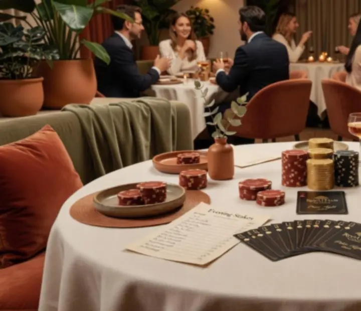 Goście przy stole w restauracji podczas tematycznego pokerowego wieczoru offline