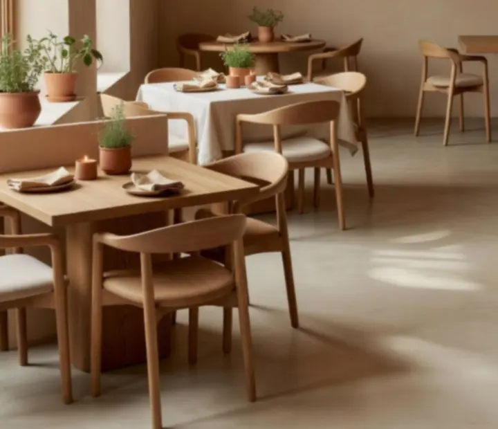 Eleganckie wnętrze restauracji Nocavelasto z naturalnymi materiałami i stołami przygotowanymi na wieczór
