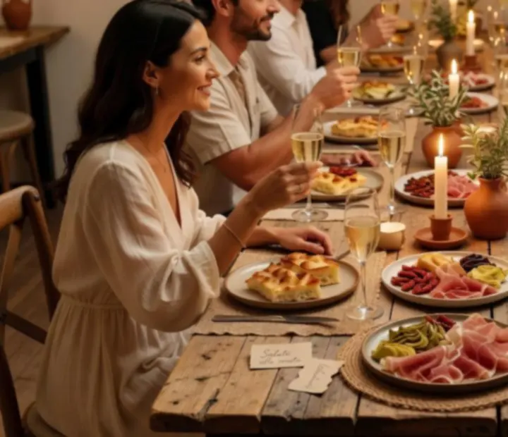 Włoski wieczór w restauracji z winem, makaronem i nastrojowym oświetleniem